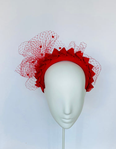 Designer hat Red Bandeau with Veil by Louise Macdonald Milliner (Melbourne, Australia)
