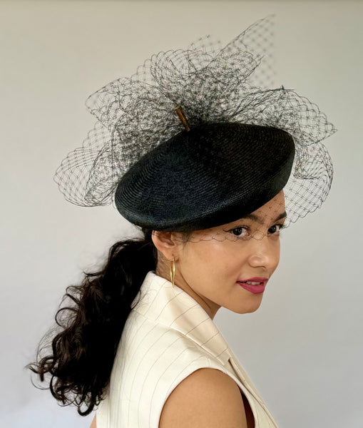 Designer hat Emily Beret in Black by Louise Macdonald Milliner (Melbourne, Australia)