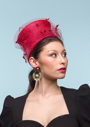 Designer hat Crimson Pillbox by Louise Macdonald Milliner (Melbourne, Australia)